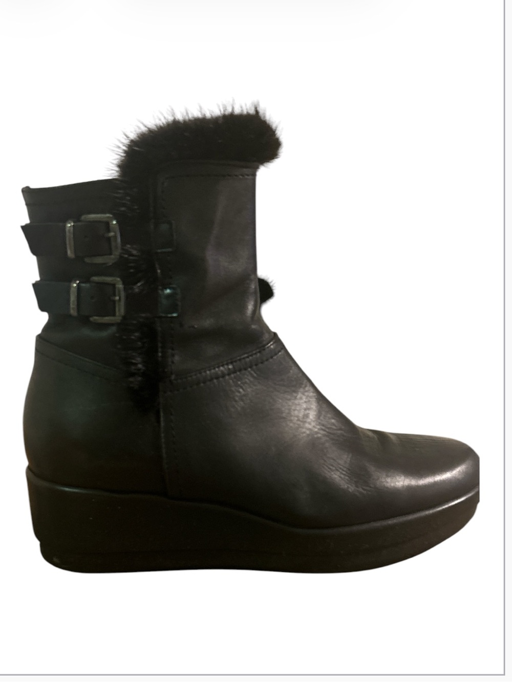 Jeannot Two Buckle Mink Trimmed Leather Boots Size 38